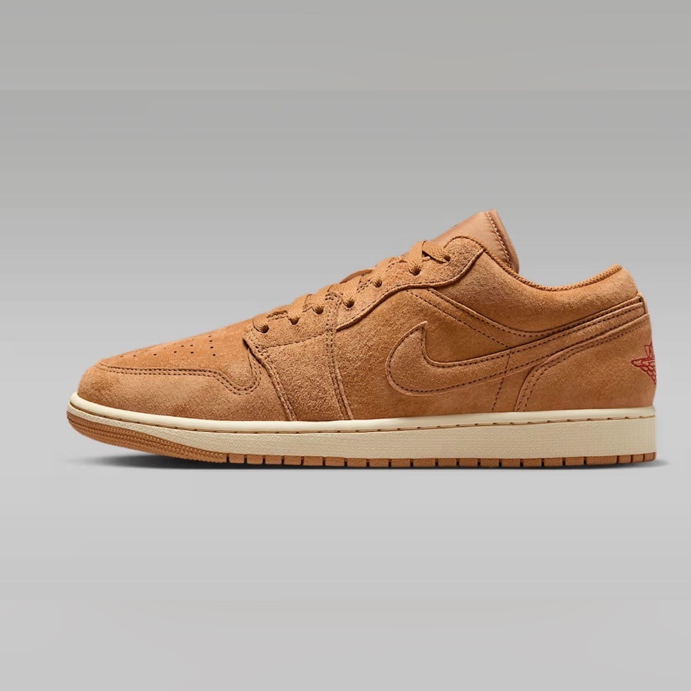 Nike Air Jordan 1 Low SE suede sneakers in tan with red accents
